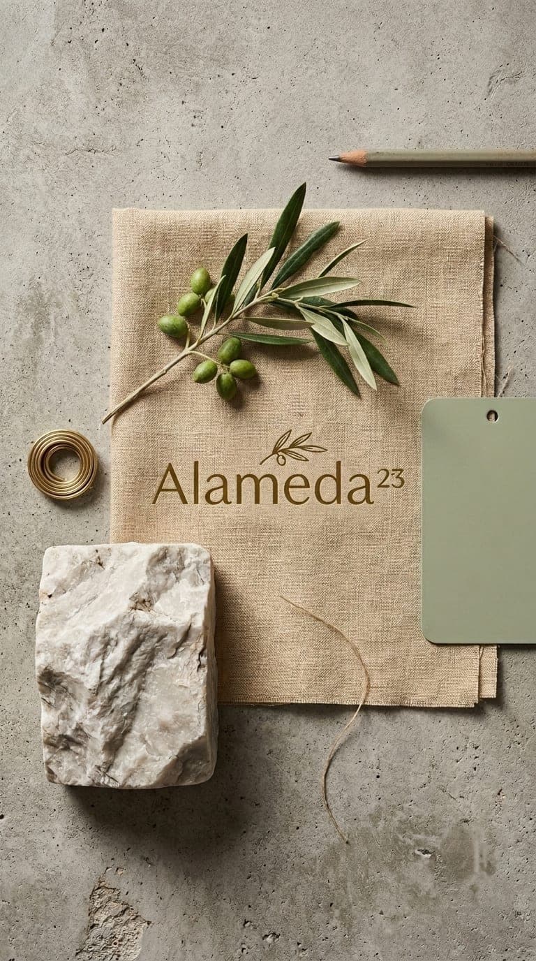 Moodboard com linho, ramo de oliveira, pedra natural e amostra verde-sálvia